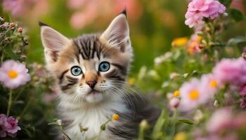 ai generiert ein Kätzchen im ein Feld von Blumen foto