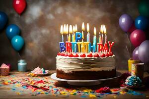 ai generiert ein Geburtstag Kuchen mit Kerzen und Luftballons foto