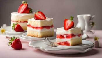 ai generiert drei Stücke von Kuchen mit Erdbeeren auf oben foto