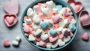 ai generiert ein Schüssel gefüllt mit Marshmallows und Rosa und Blau Herzen foto