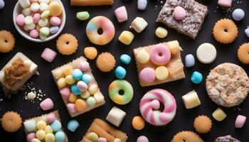 ai generiert verschiedene Typen von Kekse und Süßigkeiten auf ein schwarz Hintergrund foto