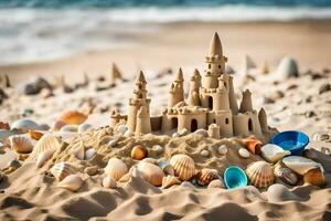 ai generiert Sand Schloss auf das Strand foto