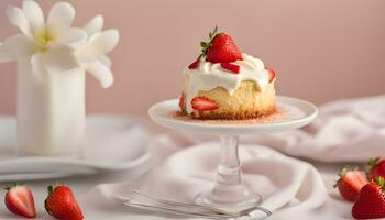 ai generiert ein klein Kuchen mit Sahne und Erdbeeren auf ein Teller foto