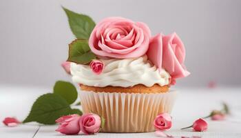 ai generiert ein Cupcake mit Rosa Rosen auf ein Weiß Tabelle foto
