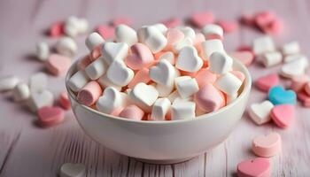 ai generiert ein Schüssel von Marshmallows auf ein hölzern Tabelle foto