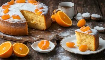 ai generiert Orange Kuchen mit Orange Scheiben und pulverisiert Zucker foto