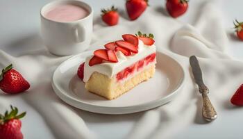 ai generiert ein Stück von Kuchen mit Erdbeeren auf oben und ein Tasse von Kaffee foto