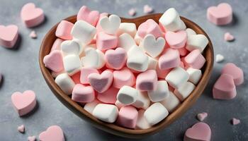 ai generiert ein Schüssel von Marshmallows im ein Herz gestalten foto