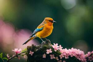 ein klein Vogel ist thront auf ein Ast mit Rosa Blumen. KI-generiert foto