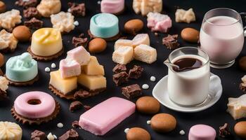 ai generiert verschiedene Typen von Süßigkeiten und Milch auf ein schwarz Hintergrund foto
