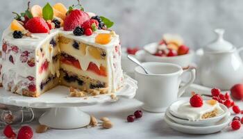 ai generiert ein Scheibe von Kuchen mit Obst auf oben foto