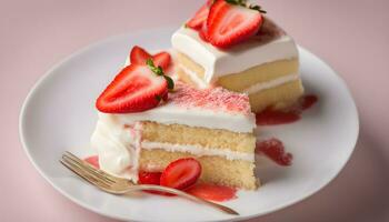 ai generiert ein Stück von Kuchen mit Erdbeeren auf oben foto