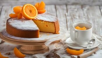 ai generiert ein Kuchen mit Orange Scheiben auf oben und ein Tasse von Kaffee foto