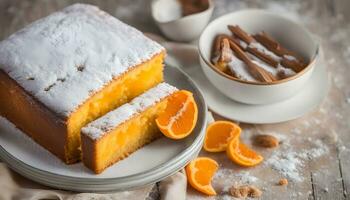 ai generiert Orange Kuchen mit Orange Scheiben und Zucker auf ein Teller foto