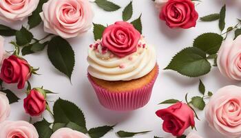 ai generiert ein Cupcake mit Glasur und Rosa Rosen foto