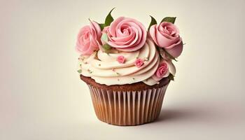 ai generiert ein Cupcake mit Rosa Rosen auf oben foto