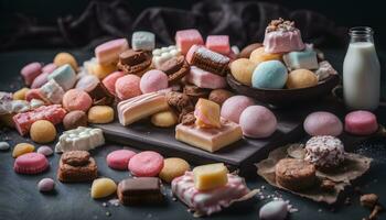 ai generiert Sortiment von Süßigkeiten auf ein dunkel Hintergrund foto