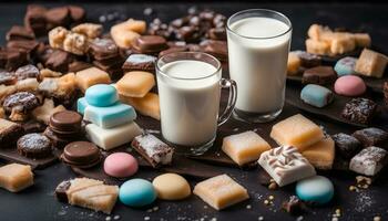 ai generiert Milch und Schokolade auf ein dunkel Hintergrund foto