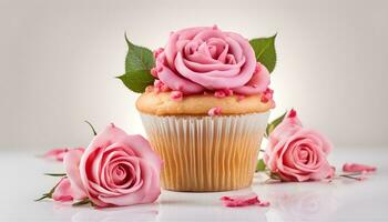 ai generiert Cupcake mit Rosa Rosen auf Weiß Hintergrund foto