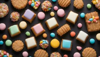 ai generiert verschiedene Kekse und Süßigkeiten auf ein schwarz Hintergrund foto
