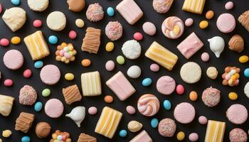 ai generiert viele anders Arten von Kekse und Süßigkeiten auf ein schwarz Hintergrund foto