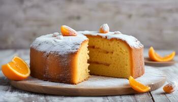 ai generiert Orange Kuchen mit Mandel Scheiben auf hölzern Tabelle foto