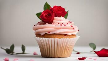 ai generiert ein Cupcake mit Rosa Glasur und ein Rose auf oben foto