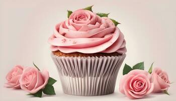 ai generiert ein Cupcake mit Rosa Glasur und Rosen foto