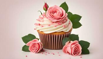 ai generiert ein Cupcake mit Rosa Rosen auf oben foto