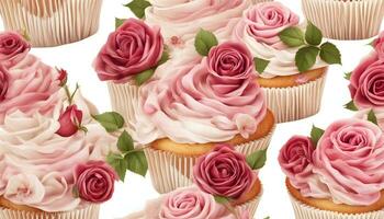 ai generiert Cupcakes mit Rosa Rosen auf ein Weiß Hintergrund foto