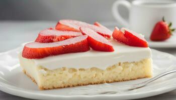 ai generiert ein Stück von Kuchen mit Erdbeeren auf oben foto