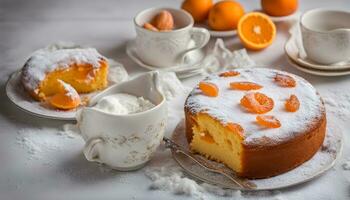 ai generiert ein Kuchen mit Orange Scheiben und Zucker auf ein Weiß Tabelle foto