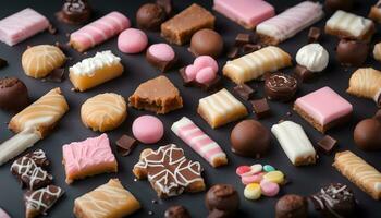 ai generiert Sortiment von Pralinen und Süßigkeiten auf ein schwarz Hintergrund foto