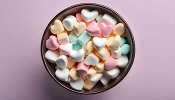 ai generiert ein Schüssel von Marshmallows auf ein Rosa Hintergrund foto