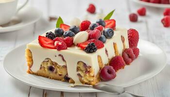 ai generiert ein Stück von Kuchen mit Beeren und Sahne auf ein Weiß Teller foto