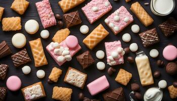 ai generiert sortiert Kekse und Süßigkeiten auf ein schwarz Hintergrund foto