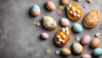 ai generiert Ostern Eier und Gebäck auf ein grau Hintergrund foto