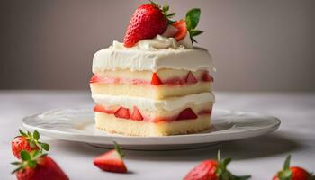 ai generiert ein Scheibe von Kuchen mit Erdbeeren auf oben foto