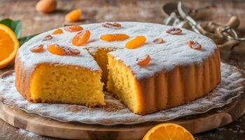 ai generiert ein Kuchen mit Orange Scheiben auf oben und pulverisiert Zucker foto