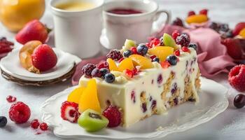 ai generiert ein Stück von Kuchen mit Obst auf es foto