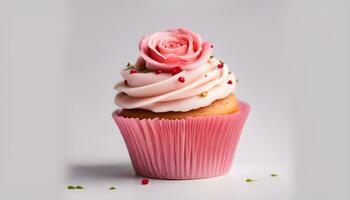 ai generiert ein Cupcake mit Rosa Glasur und ein Rose auf oben foto