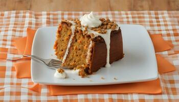 ai generiert ein Scheibe von Karotte Kuchen auf ein Teller mit ein Gabel foto