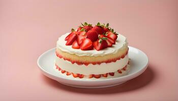 ai generiert ein Erdbeere Kuchen auf ein Teller mit Sahne und Erdbeeren foto