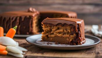 ai generiert ein Stück von Karotte Kuchen mit Schokolade Glasur auf ein Teller foto