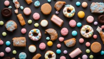 ai generiert bunt Süßigkeiten und Donuts auf ein schwarz Hintergrund foto