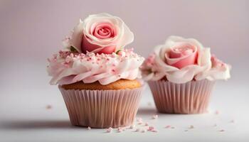 ai generiert zwei Cupcakes mit Rosa Glasur und Rosen foto