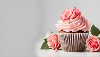 ai generiert ein Cupcake mit Rosa Glasur und Rosen foto