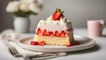 ai generiert ein Stück von Kuchen mit Erdbeeren auf oben foto