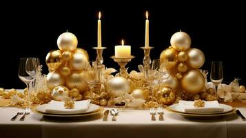 ai generiert Weihnachten Tabelle Dekorationen im Gold. foto