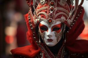 ai generiert elegant Person im beschwingt Karneval Kostüm und Maske beim Venedig Festival foto